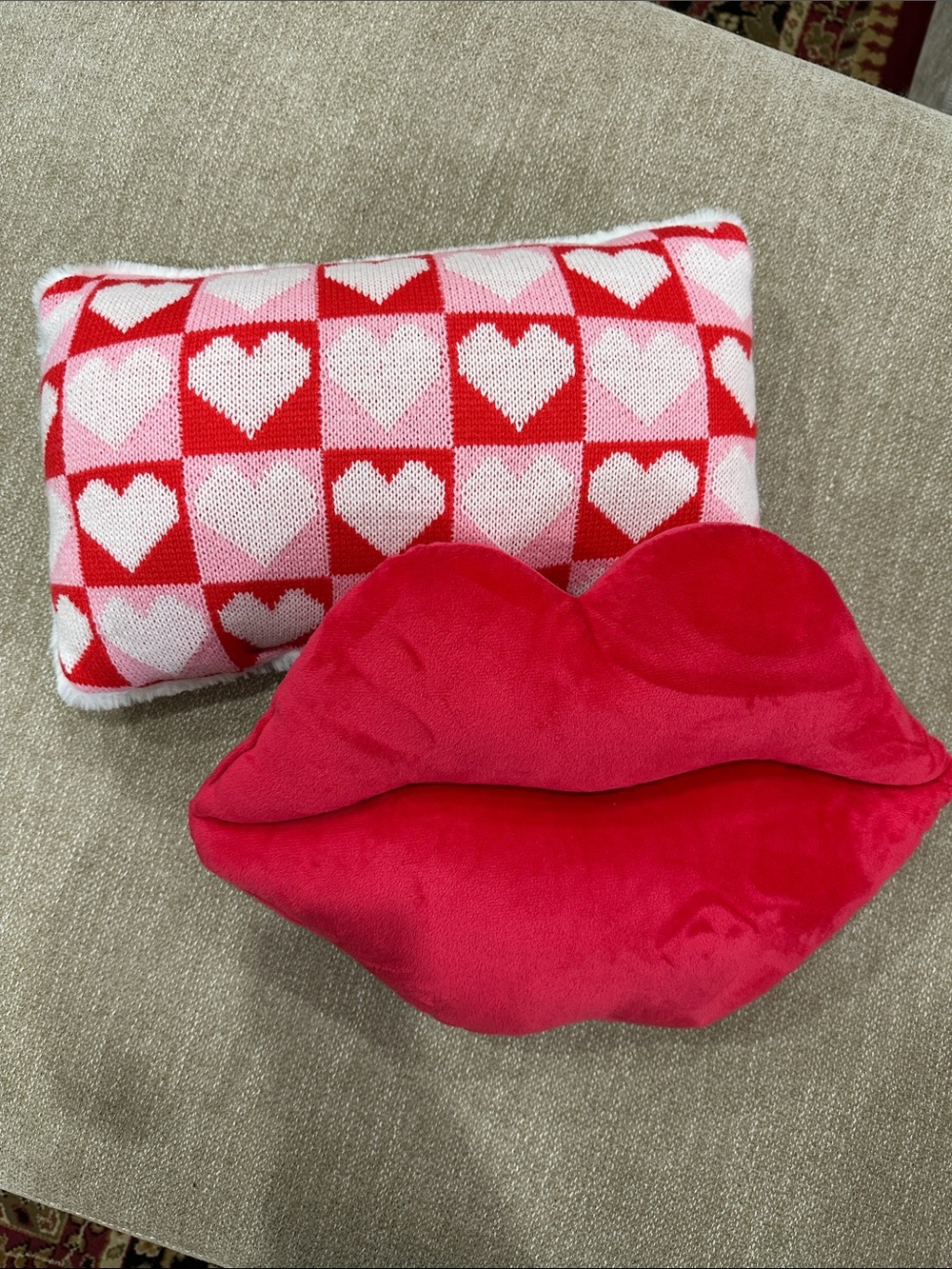Red Lip-Shaped Accent Pillow with Heart Pattern Cushion
